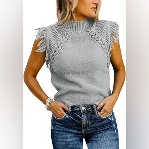 NWT - Saodimallsu - Women's Sleeveless Mock Neck Cable Knit, Light Gray